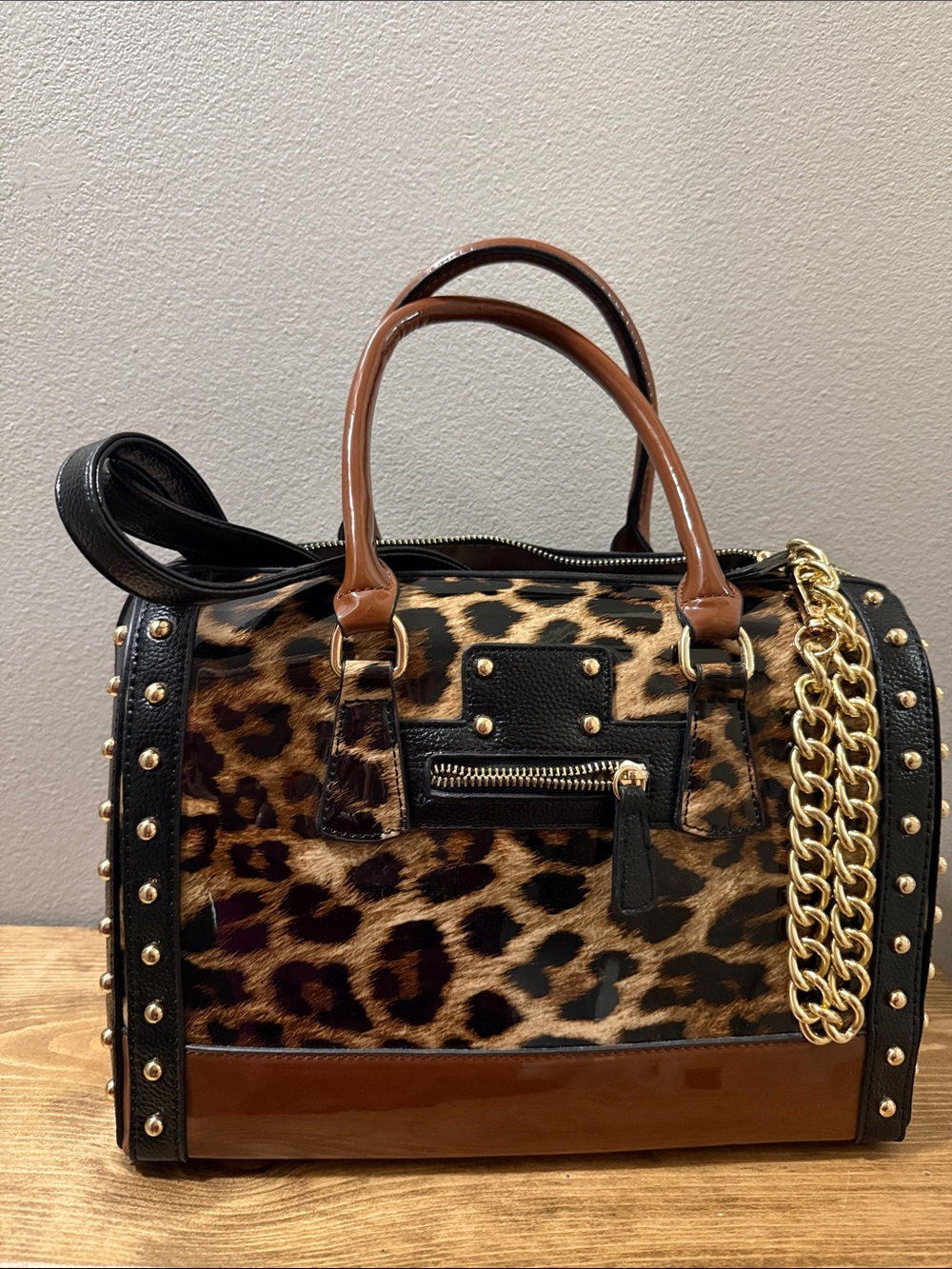 Leopard Print Satchel with Brown Trim and Gold Chain Accent by Dasein